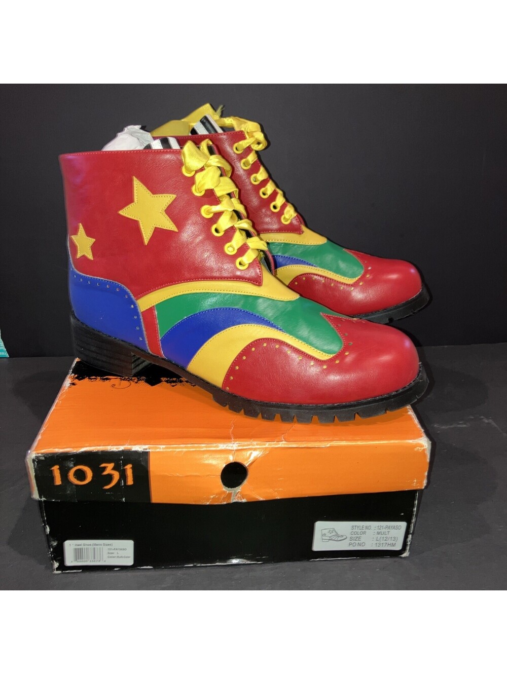 CLOWN BOOT LEATHER SIZE 12/13 PROFESSIONAL GRADE PAYASO 1031 COLORFUL NEW IN BOX